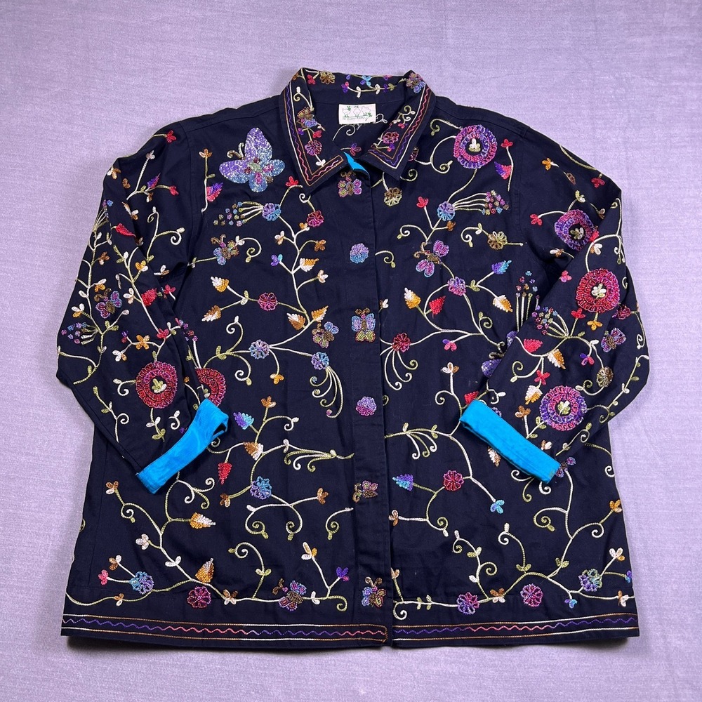 VTG Quacker Factory Womens Navy Floral Embroidered Beaded Button Up‎ Jacket